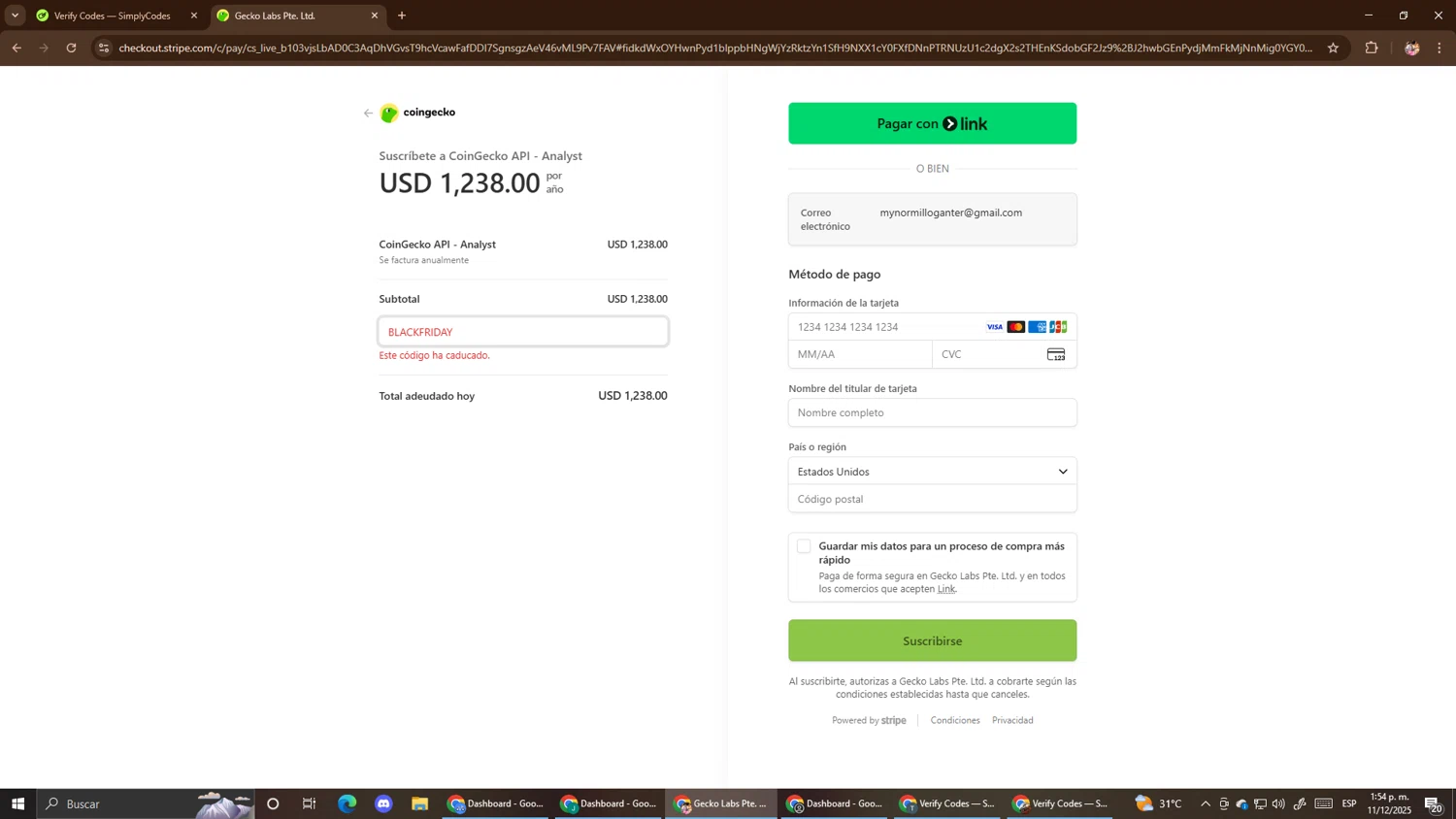 CoinGecko promo code screenshot showing code BLACKFRIDAY applied at CoinGecko checkout page. Uploaded by SimplyCodes community member El_mynor on Dec 11, 2025