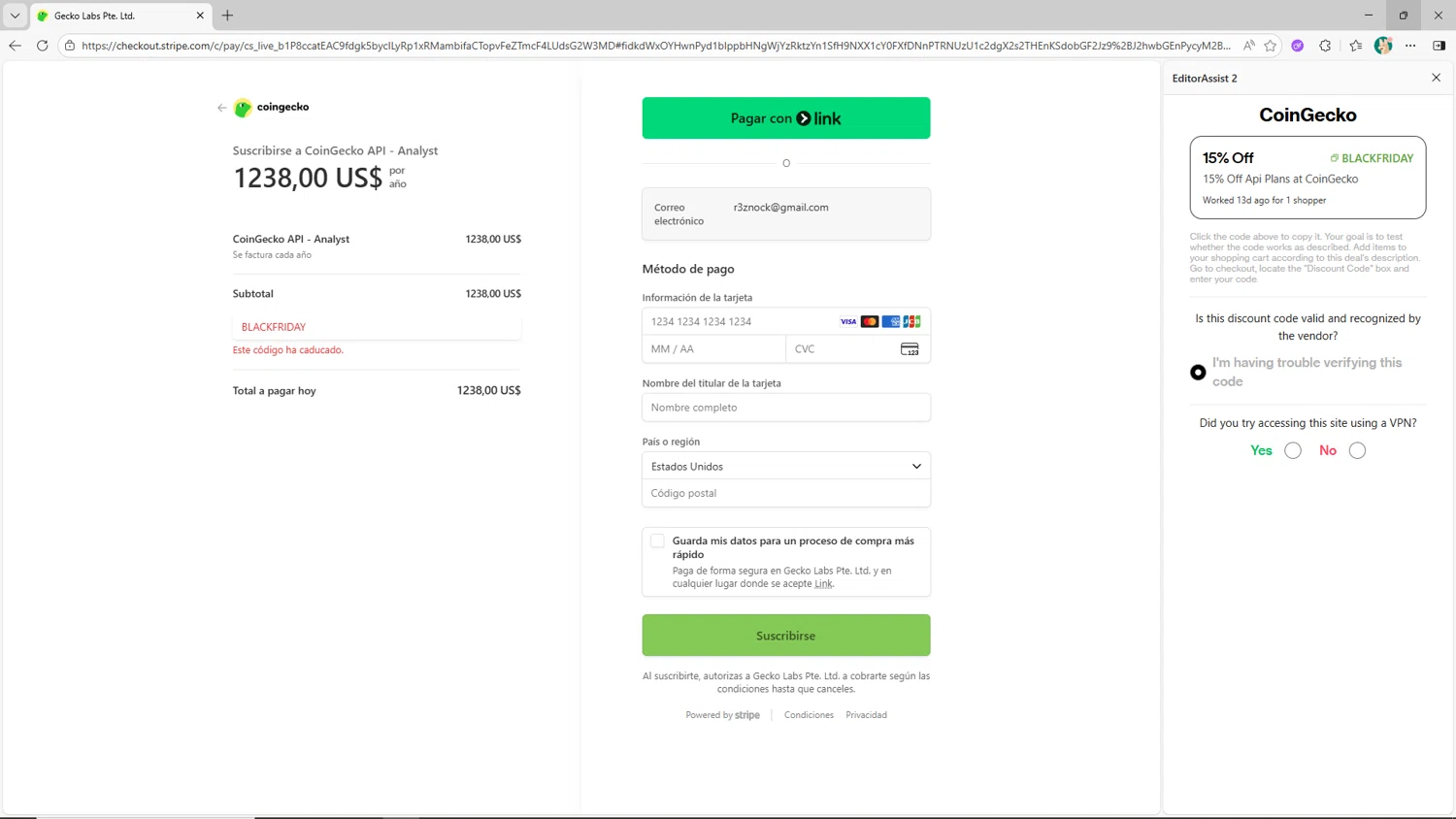 CoinGecko promo code screenshot showing code BLACKFRIDAY applied at CoinGecko checkout page. Uploaded by SimplyCodes community member TokenMaven5407 on Dec 11, 2025