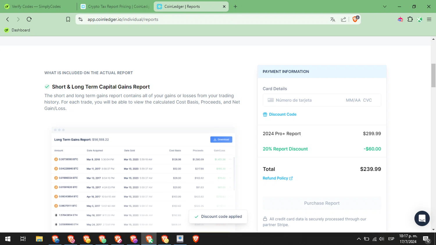 Coin Ledger checkout page showing Coin Ledger discount code box | Screenshot taken by SimplyCodes community member on Jul 18, 2024