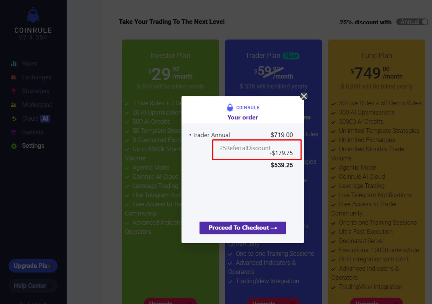 Coinrule promo code screenshot showing code 25REFERRALDISCOUNT applied at Coinrule checkout page. Uploaded by SimplyCodes community member paola49520 on Jun 4, 2026