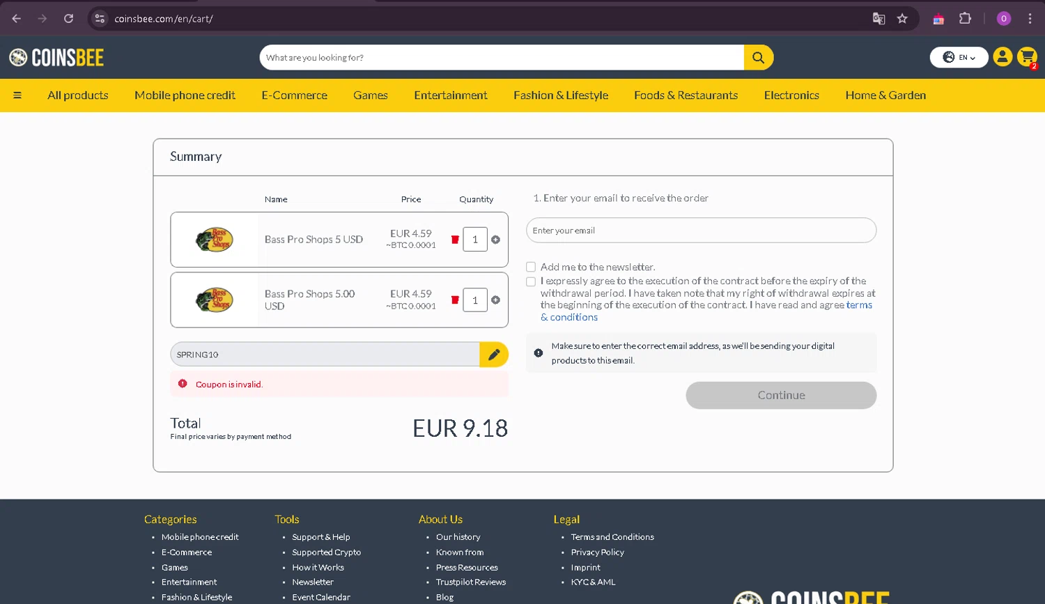 Coinsbee discount code screenshot showing code SPRING10 applied at Coinsbee checkout page. Uploaded by SimplyCodes community member oder007 on Mar 17, 2025