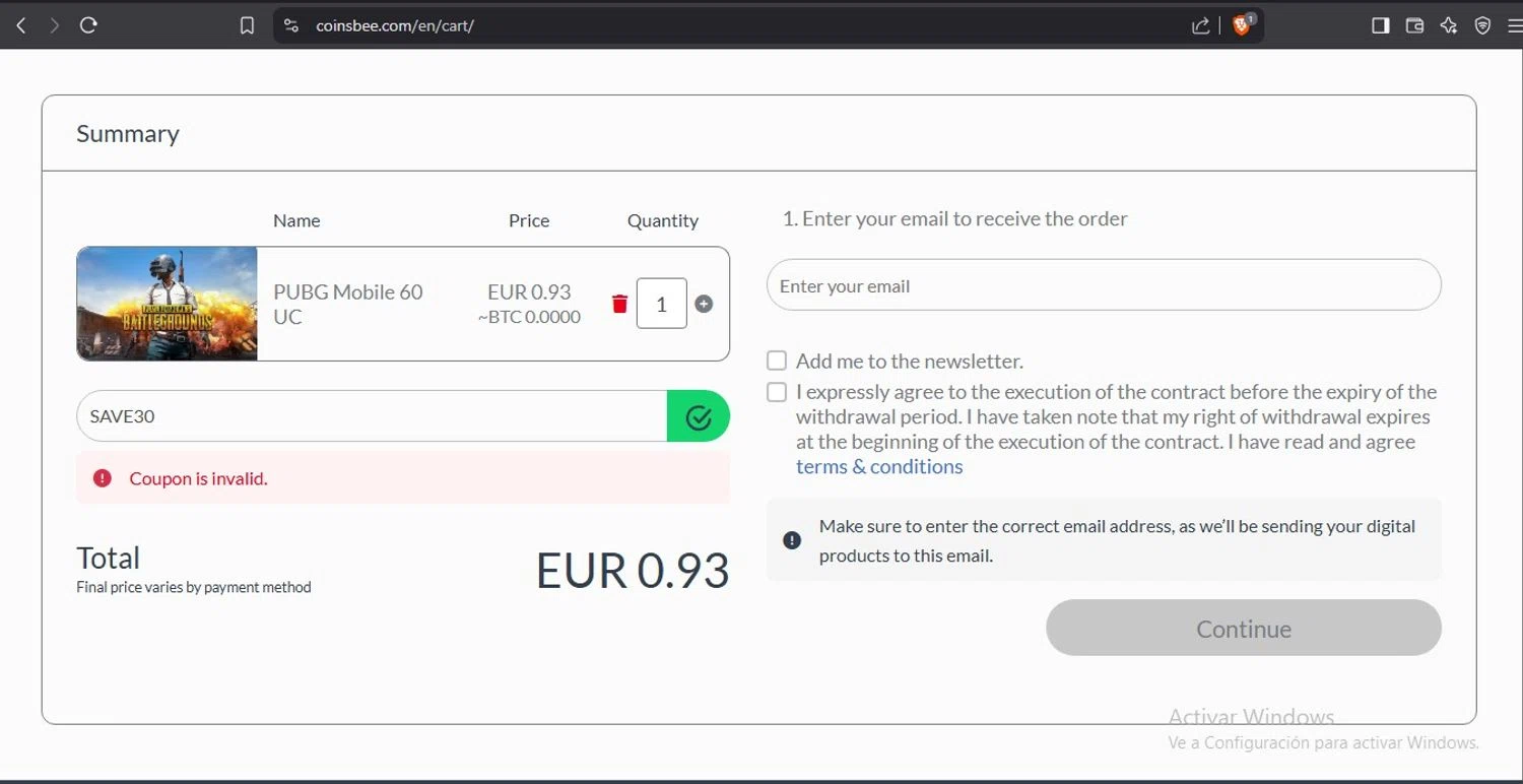 Coinsbee discount code screenshot showing code SAVE30 applied at Coinsbee checkout page. Uploaded by SimplyCodes community member ElToro on Mar 27, 2025