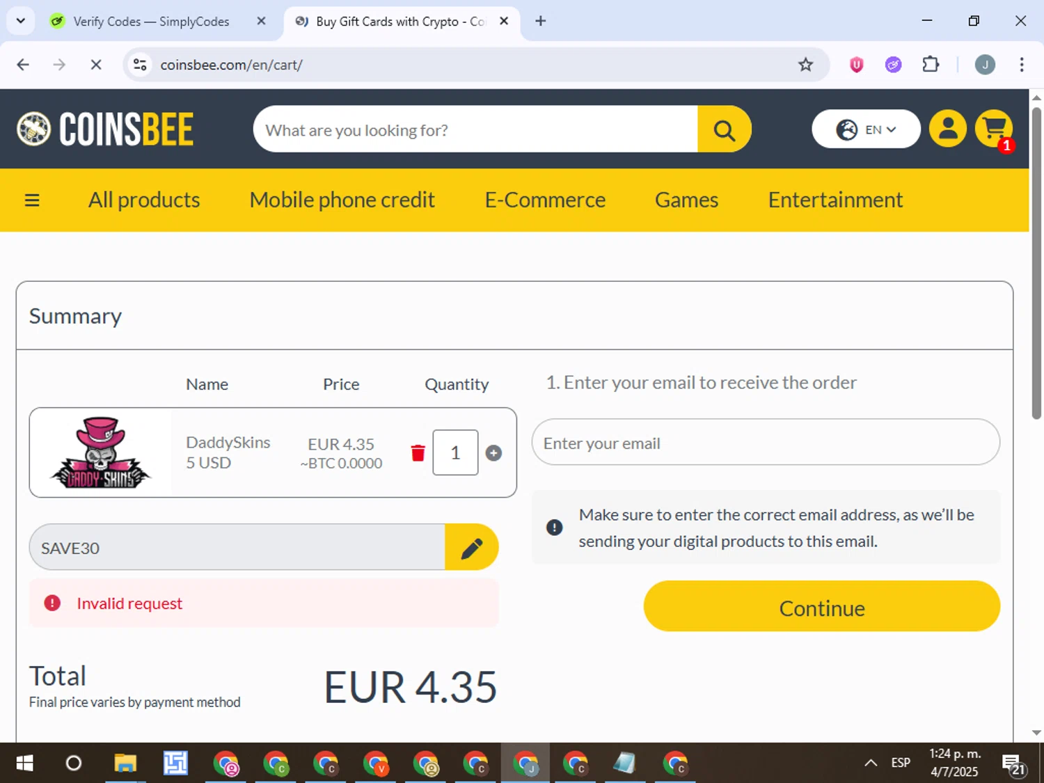 Coinsbee discount code screenshot showing code SAVE30 applied at Coinsbee checkout page. Uploaded by SimplyCodes community member ValueTracker8384 on Jul 4, 2025