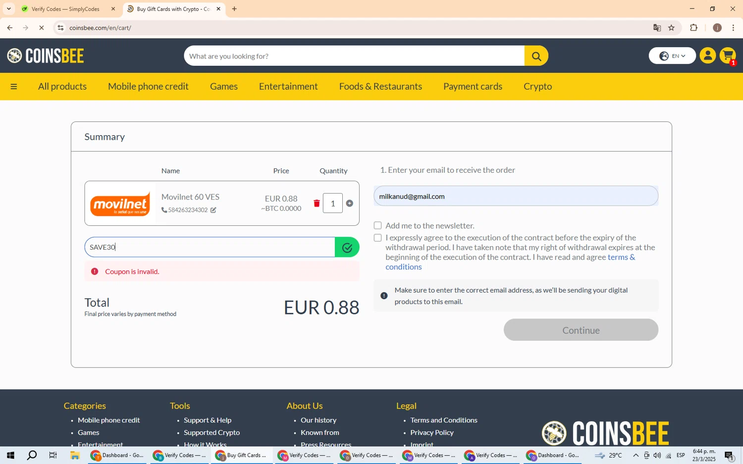 Coinsbee discount code screenshot showing code SAVE30 applied at Coinsbee checkout page. Uploaded by SimplyCodes community member GoldChaser6000 on Mar 23, 2025