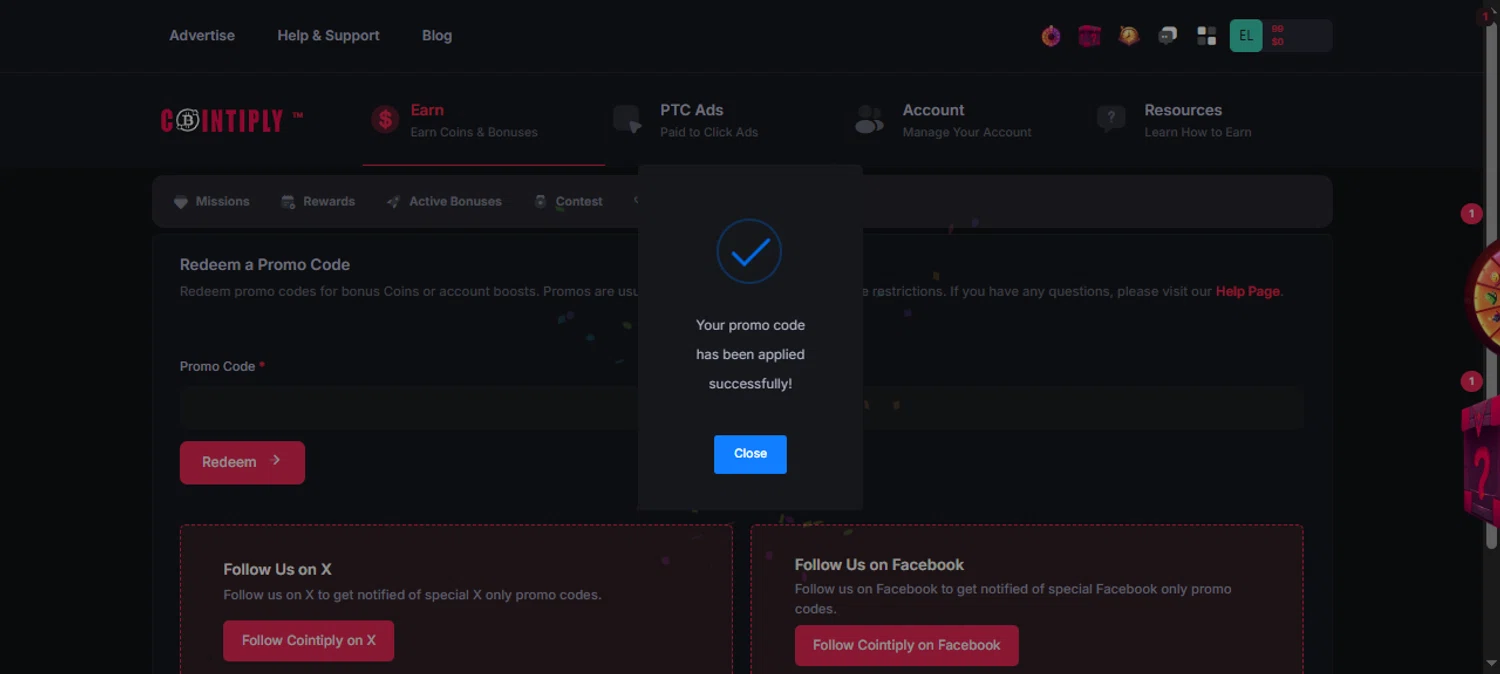Cointiply promo code screenshot showing code boo applied at Cointiply checkout page. Uploaded by SimplyCodes community member CarmenAyuth on Nov 17, 2025