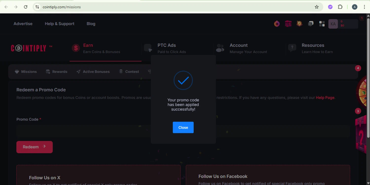 Cointiply promo code screenshot showing code boo applied at Cointiply checkout page. Uploaded by SimplyCodes community member SaleSentinel7319 on Nov 3, 2025