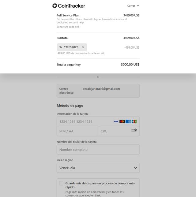 CoinTracker checkout page showing CoinTracker promo code box | Screenshot taken by SimplyCodes community member on Aug 8, 2025