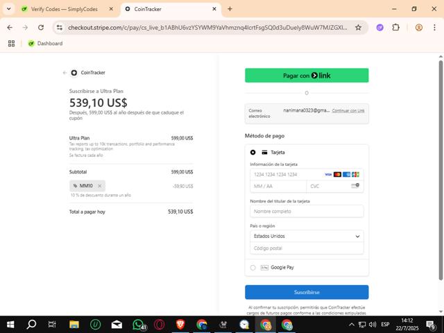 CoinTracker checkout page showing CoinTracker promo code box | Screenshot taken by SimplyCodes community member on Jul 22, 2025