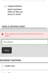 FALLSAVE25 coupon verification screenshot