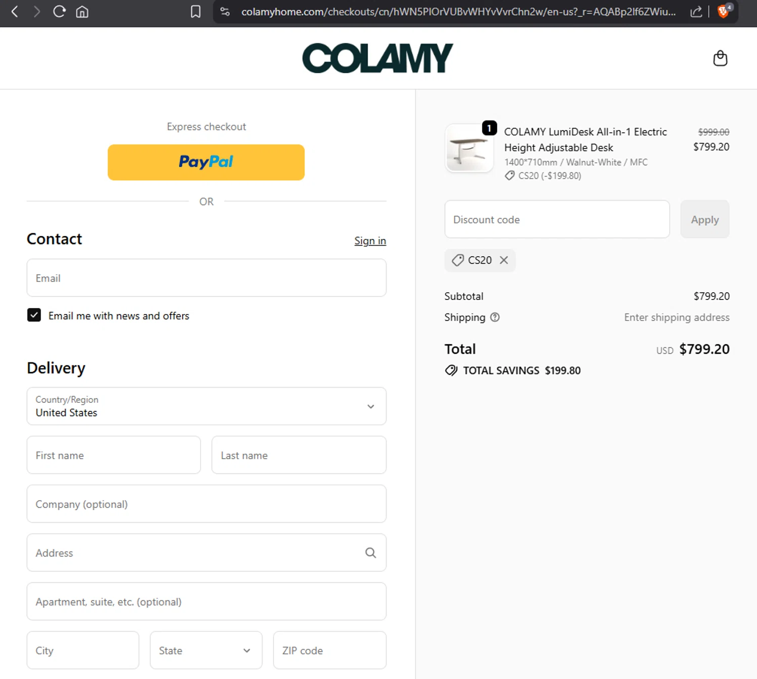 COLAMY Home discount code screenshot showing code CS20 applied at COLAMY Home checkout page. Uploaded by SimplyCodes community member Jmhernand1 on Nov 17, 2025