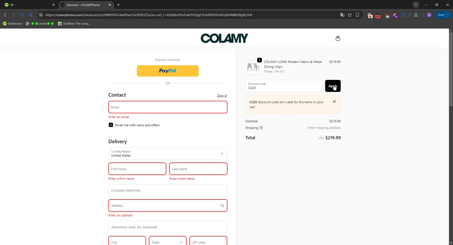 COLAMY Home discount code screenshot showing code CS20 applied at COLAMY Home checkout page. Uploaded by SimplyCodes community member SavvySeeker200 on Nov 17, 2025