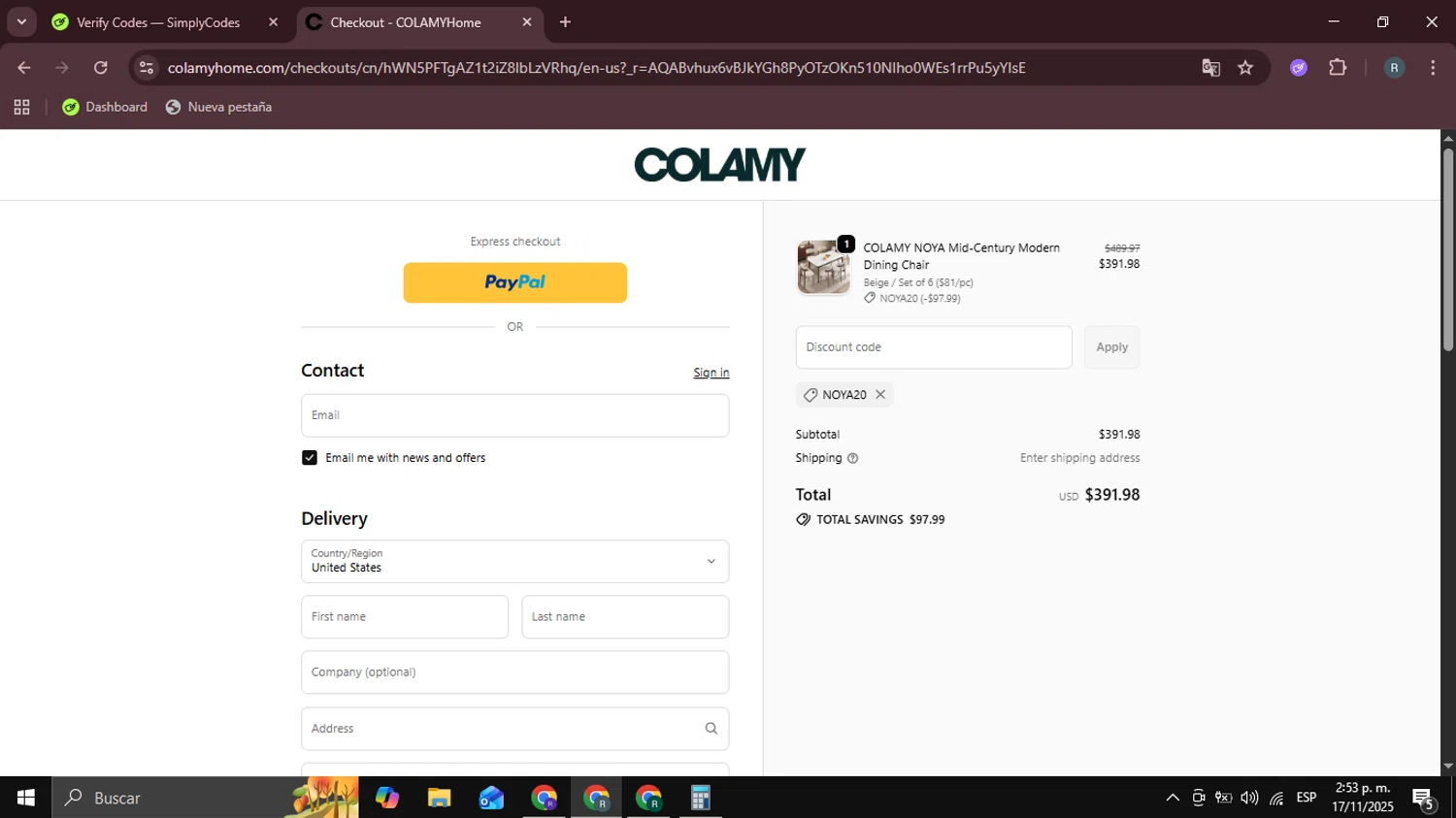 COLAMY Home discount code screenshot showing code NOYA20 applied at COLAMY Home checkout page. Uploaded by SimplyCodes community member DealHawk3765 on Nov 17, 2025
