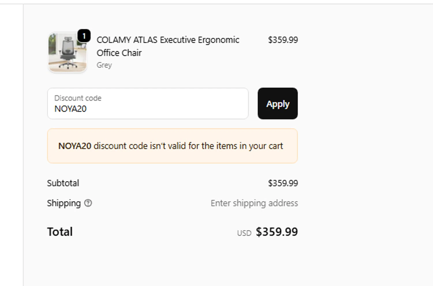 COLAMY Home discount code screenshot showing code NOYA20 applied at COLAMY Home checkout page. Uploaded by SimplyCodes community member fjkdjkldsf on Sep 19, 2025