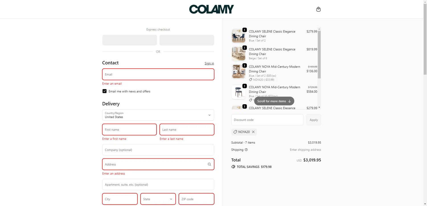 COLAMY Home discount code screenshot showing code NOYA20 applied at COLAMY Home checkout page. Uploaded by SimplyCodes community member TreasureKnight4134 on Sep 23, 2025