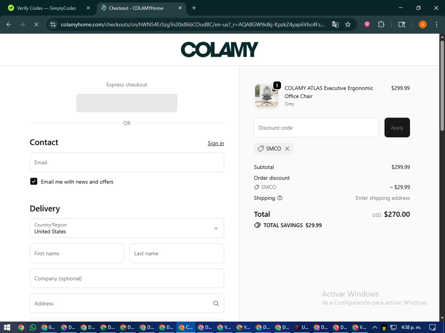 COLAMY Home discount code screenshot showing code SMCO applied at COLAMY Home checkout page. Uploaded by SimplyCodes community member MoneyPhoenix4664 on Nov 8, 2025