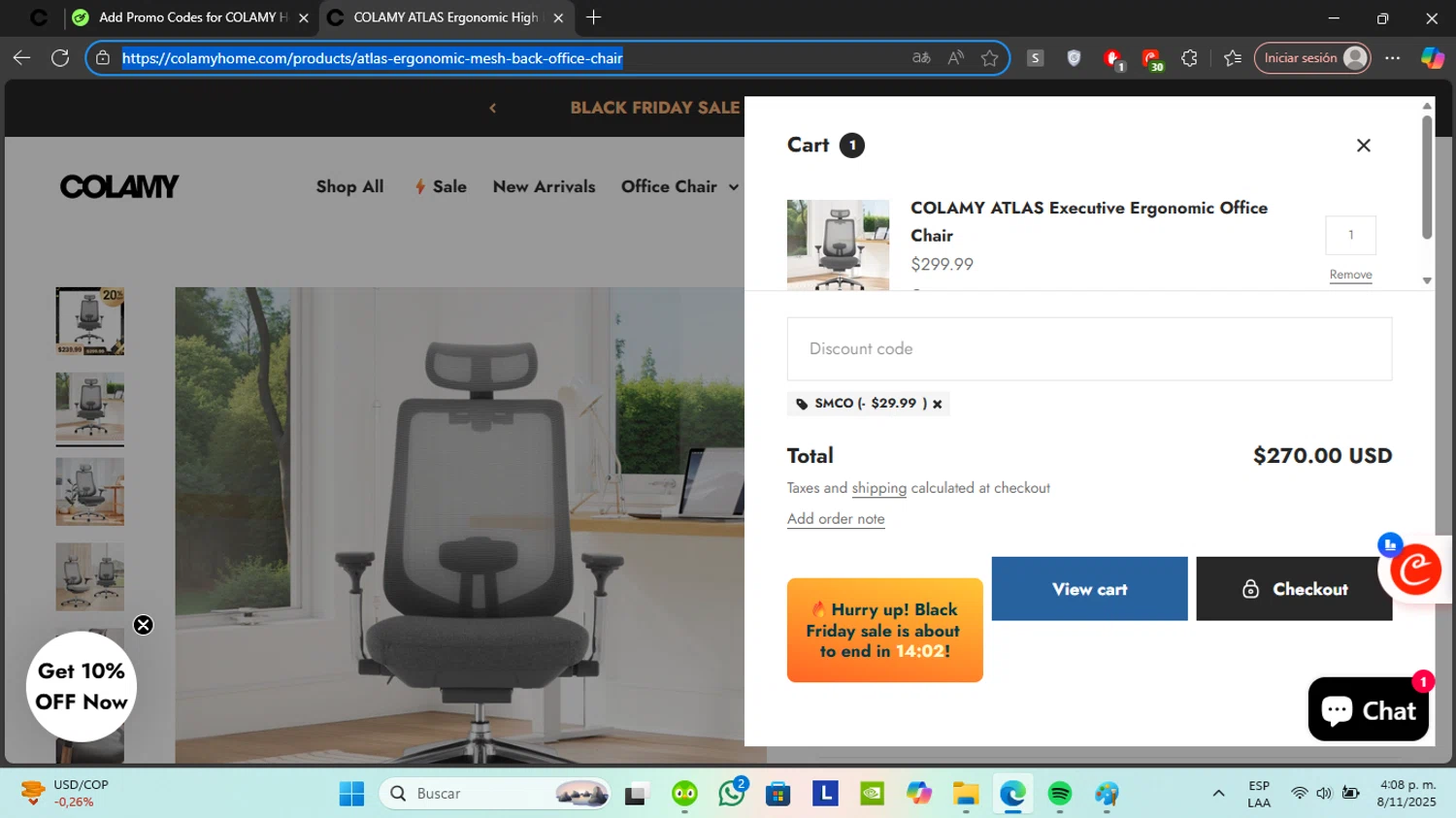 COLAMY Home discount code screenshot showing code SMCO applied at COLAMY Home checkout page. Uploaded by SimplyCodes community member RoyalGenius9299 on Nov 8, 2025