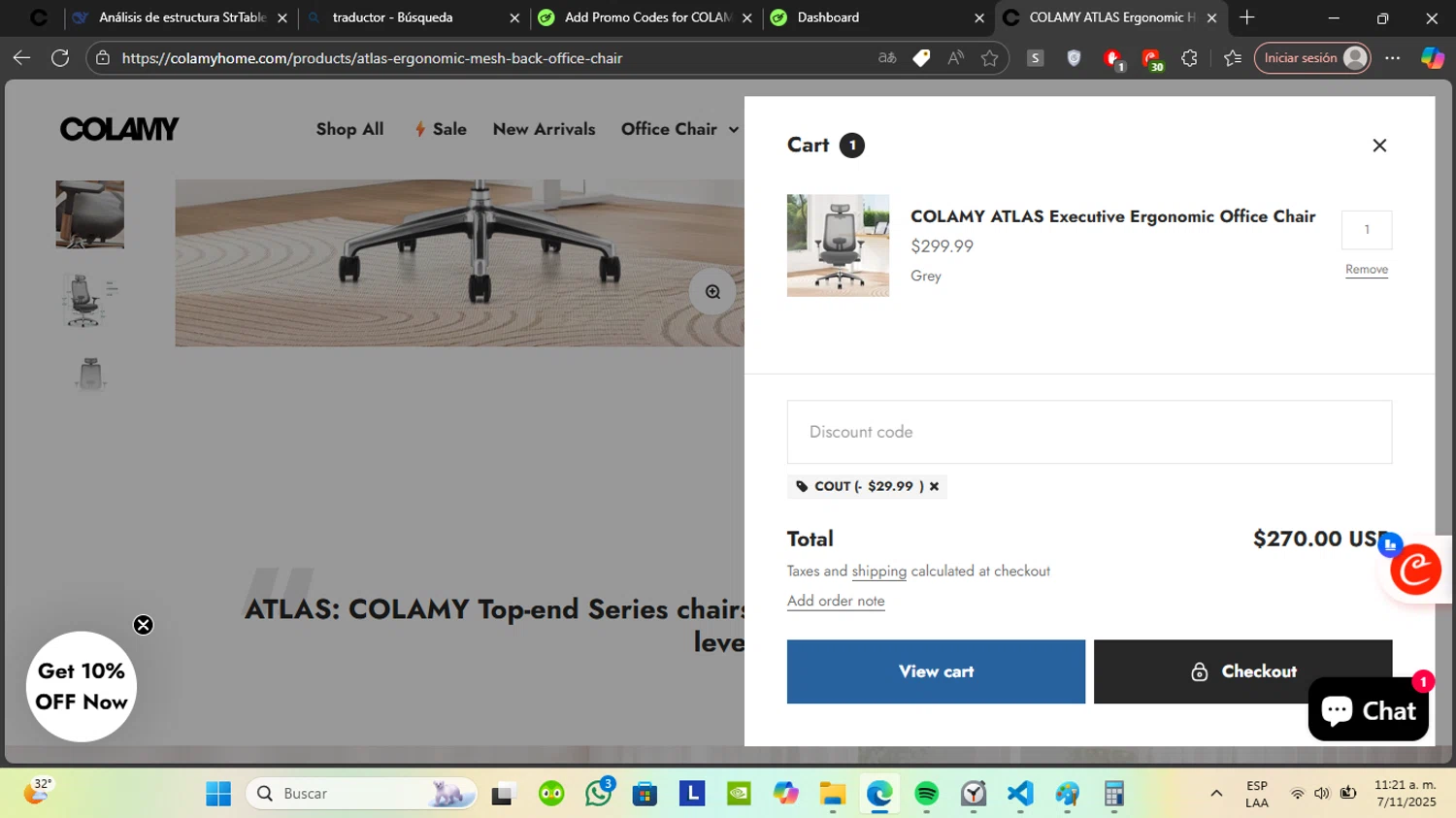 COLAMY Home discount code screenshot showing code COUT applied at COLAMY Home checkout page. Uploaded by SimplyCodes community member RoyalGenius9299 on Nov 7, 2025