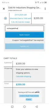 Cold Air Inductions coupon verification screenshot