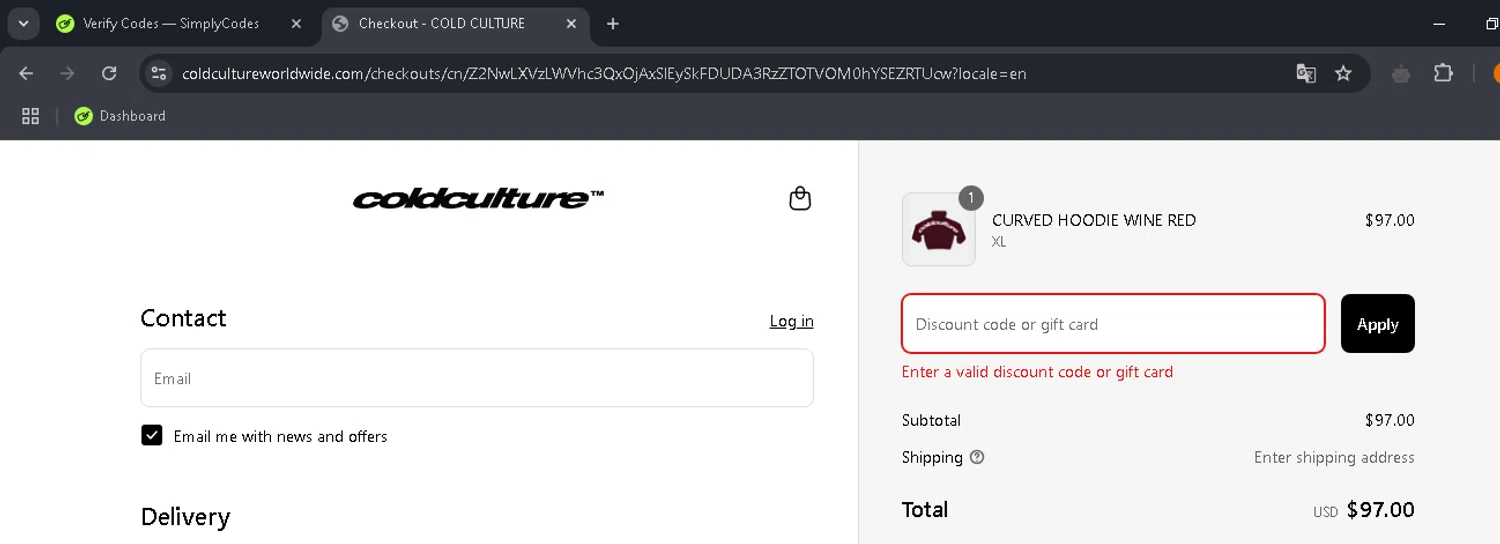 COLD CULTURE discount code screenshot showing code CCWBF24 applied at COLD CULTURE checkout page. Uploaded by SimplyCodes community member BrolySama on Mar 23, 2025