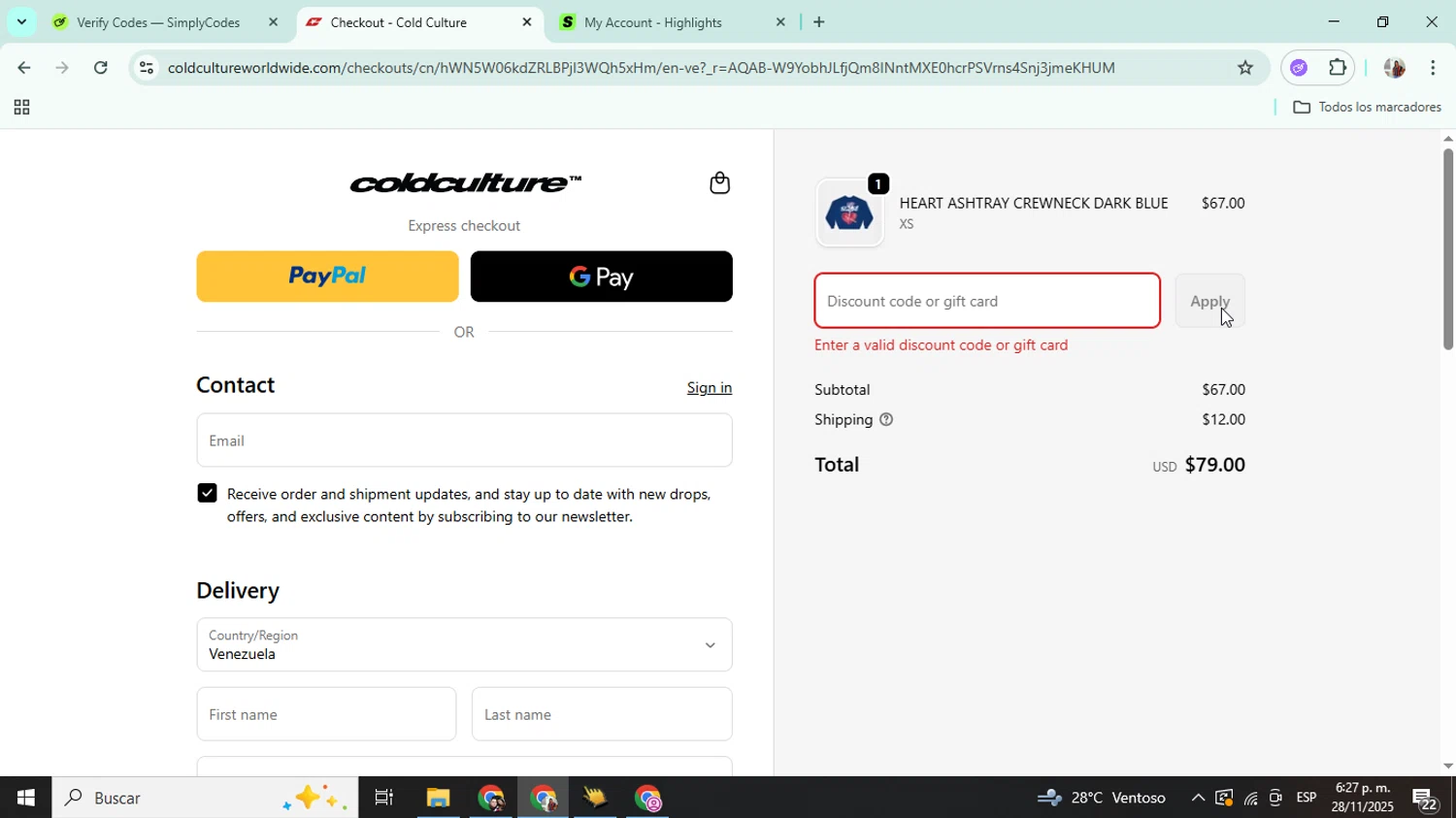 COLD CULTURE discount code screenshot showing code CCWBF24 applied at COLD CULTURE checkout page. Uploaded by SimplyCodes community member Mujerdejunnior on Nov 28, 2025