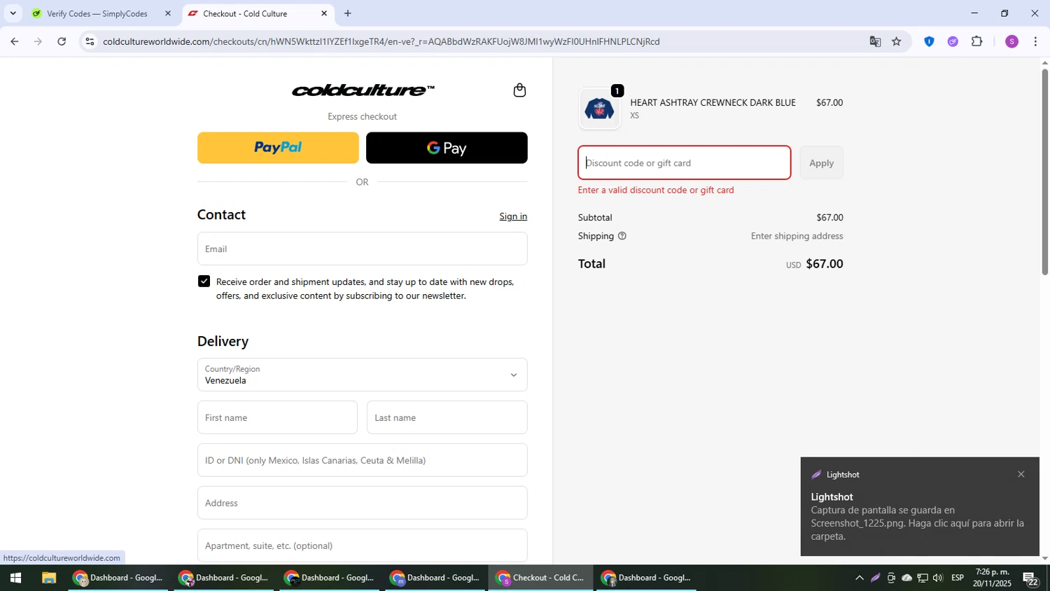 COLD CULTURE discount code screenshot showing code 46JB1S2W28G9 applied at COLD CULTURE checkout page. Uploaded by SimplyCodes community member Son_Goku on Nov 20, 2025