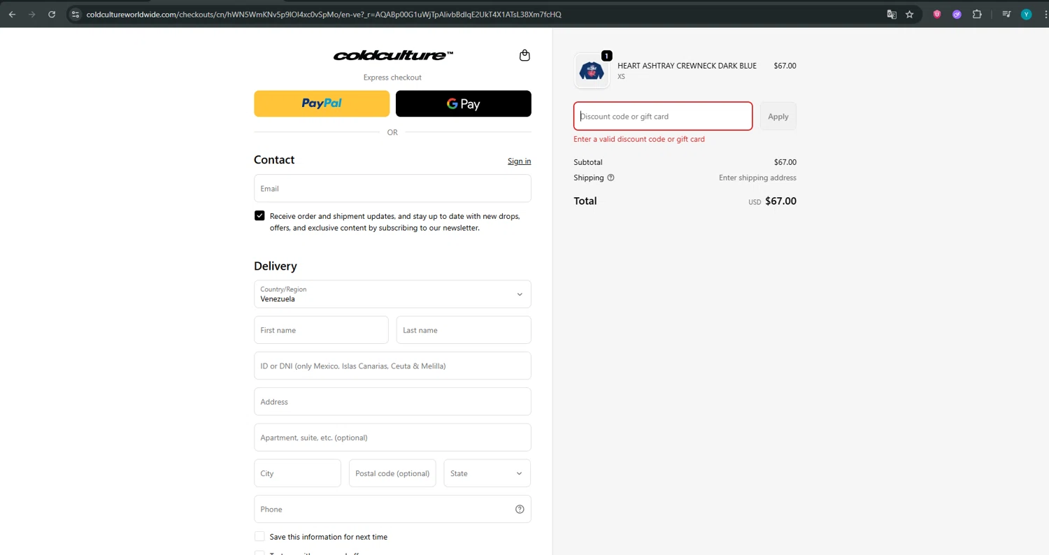 COLD CULTURE discount code screenshot showing code 46JB1S2W28G9 applied at COLD CULTURE checkout page. Uploaded by SimplyCodes community member ValueTiger695 on Nov 20, 2025