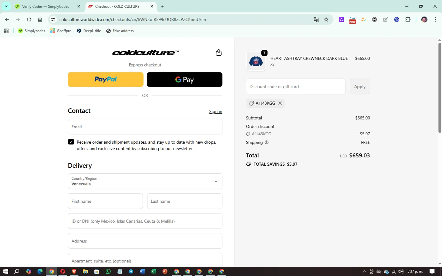 COLD CULTURE discount code screenshot showing code A1J43KGG applied at COLD CULTURE checkout page. Uploaded by SimplyCodes community member Atlanta on Oct 6, 2025