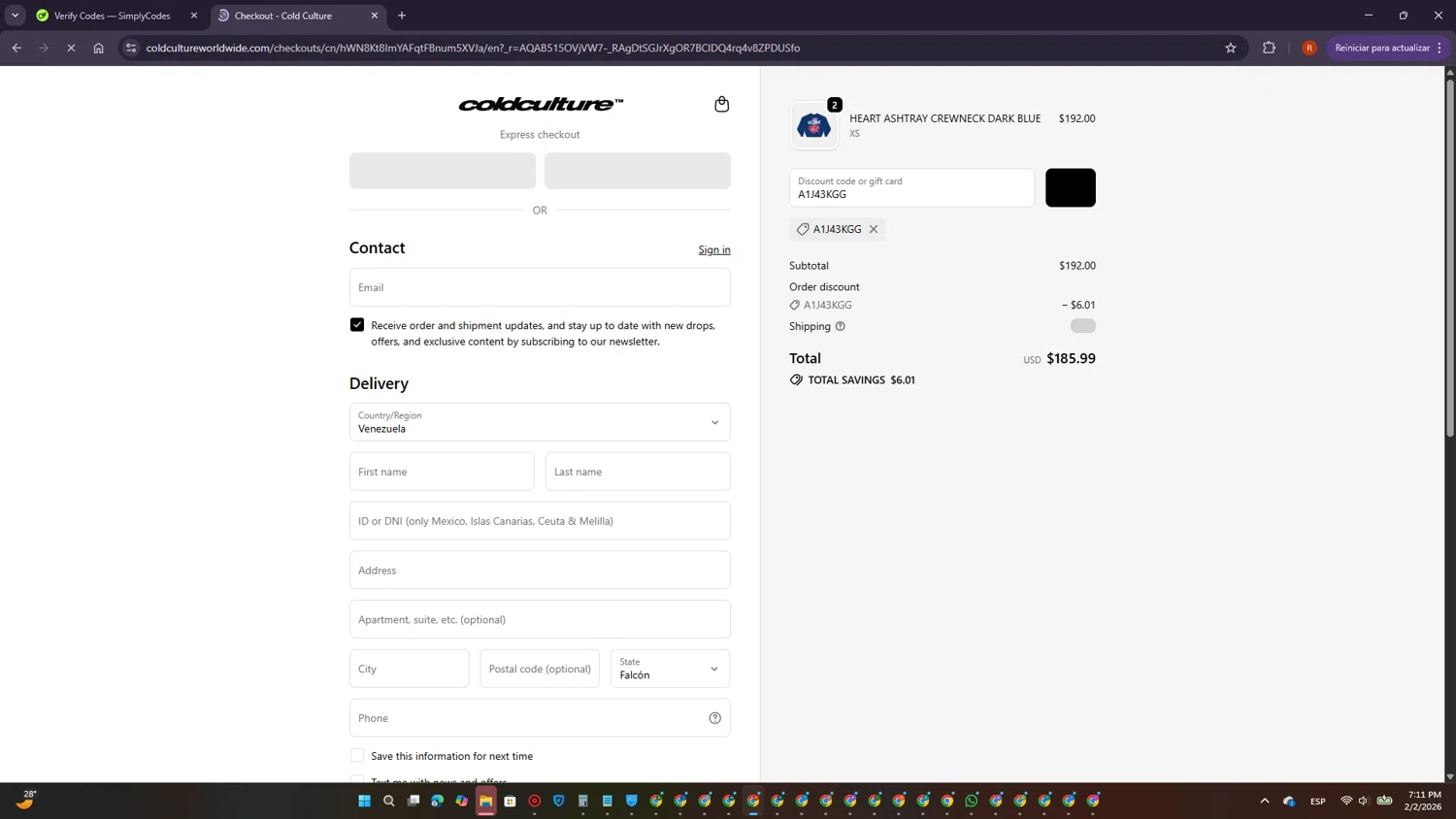 COLD CULTURE checkout page showing COLD CULTURE discount code box | Screenshot taken by SimplyCodes community member on Feb 2, 2026