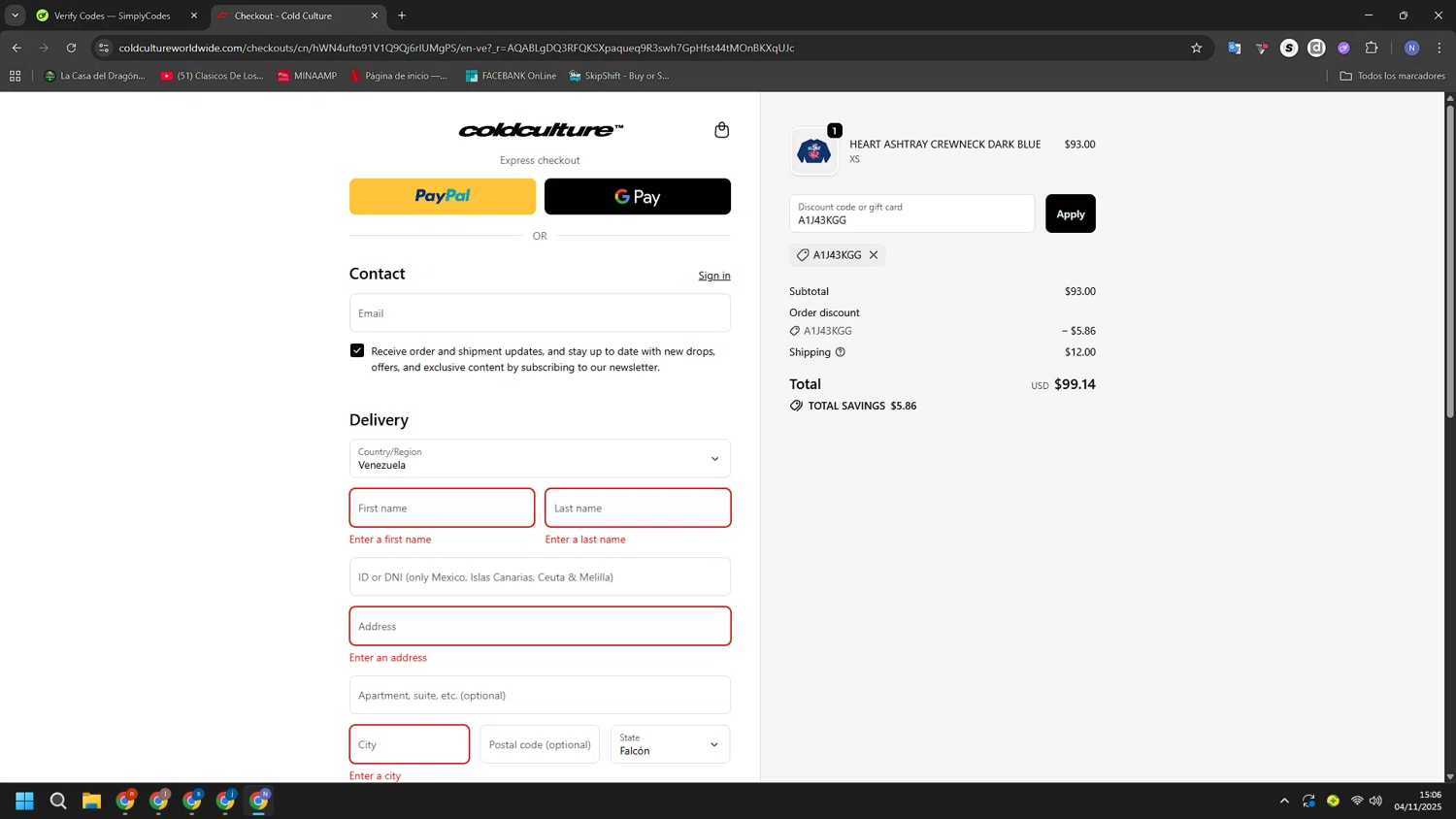 COLD CULTURE discount code screenshot showing code A1J43KGG applied at COLD CULTURE checkout page. Uploaded by SimplyCodes community member RoyalGuardian2978 on Nov 4, 2025