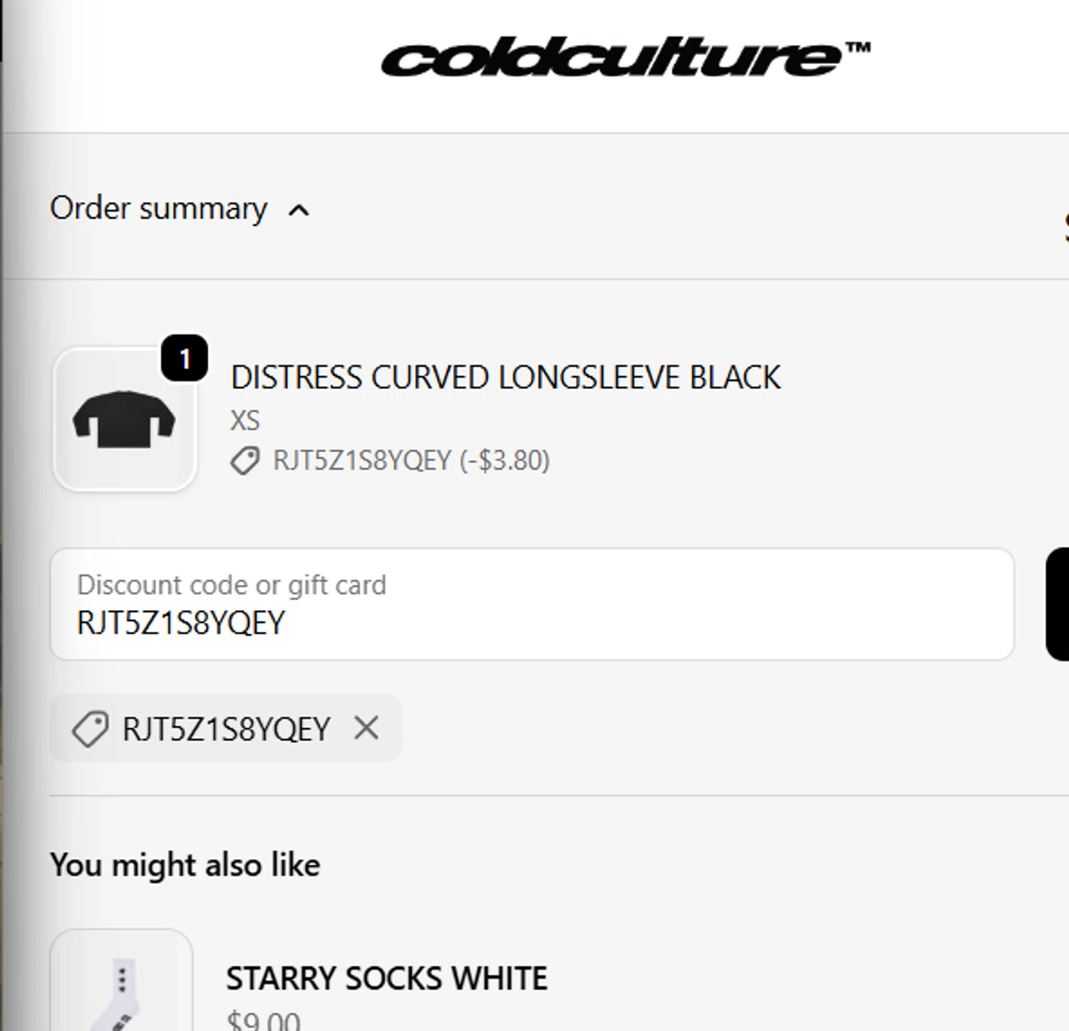 COLD CULTURE discount code screenshot showing code RJT5Z1S8YQEY applied at COLD CULTURE checkout page. Uploaded by SimplyCodes community member CleverLynx5188 on Dec 13, 2025