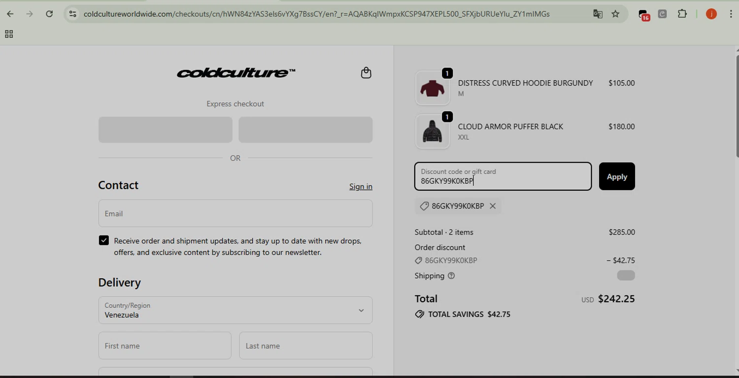 COLD CULTURE checkout page showing COLD CULTURE discount code box | Screenshot taken by SimplyCodes community member on Jan 27, 2026