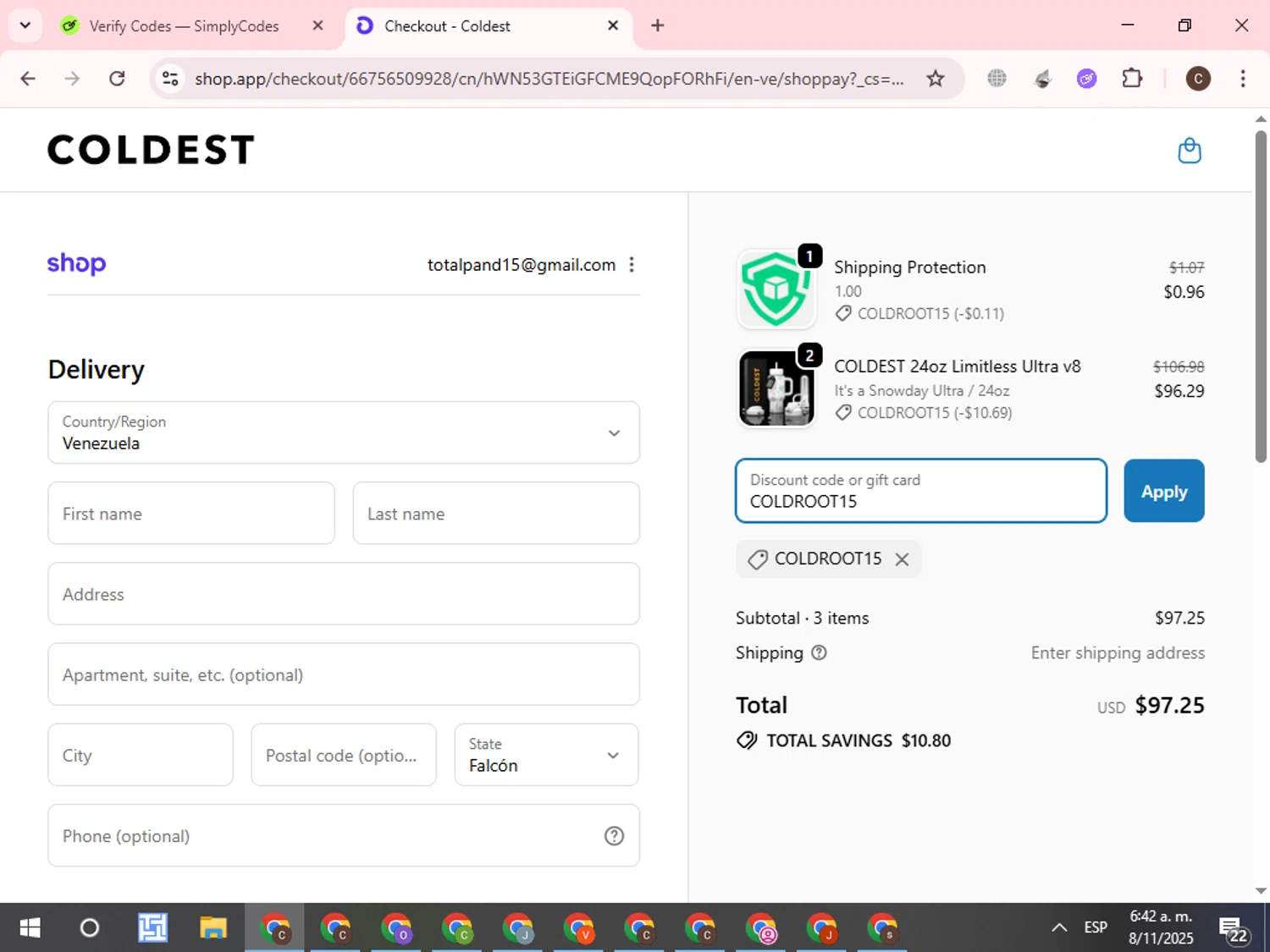 Coldest discount code screenshot showing code COLDROOT15 applied at Coldest checkout page. Uploaded by SimplyCodes community member WonderCurator7831 on Nov 8, 2025