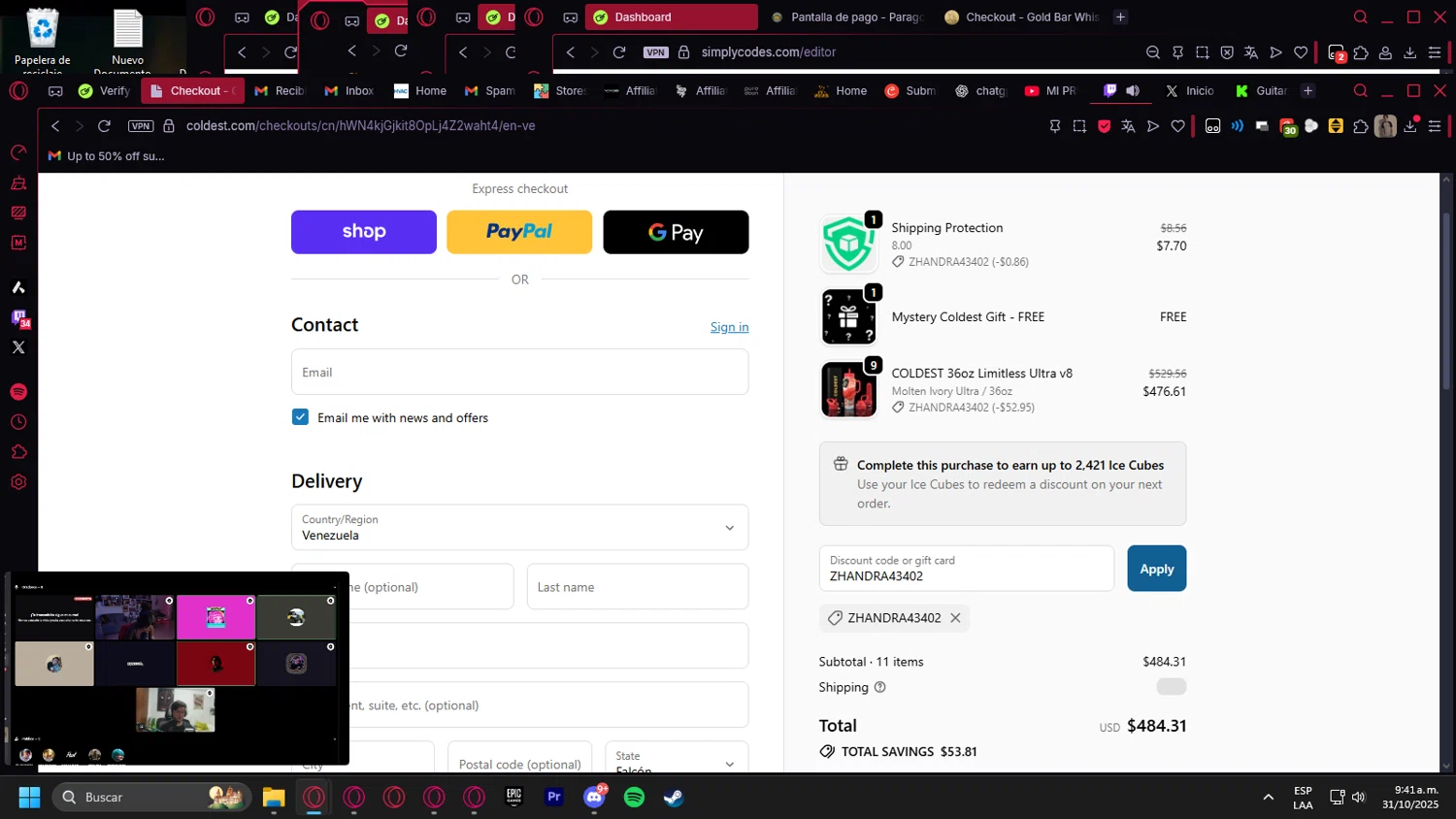 Coldest discount code screenshot showing code ZHANDRA43402 applied at Coldest checkout page. Uploaded by SimplyCodes community member kurcovein on Oct 31, 2025