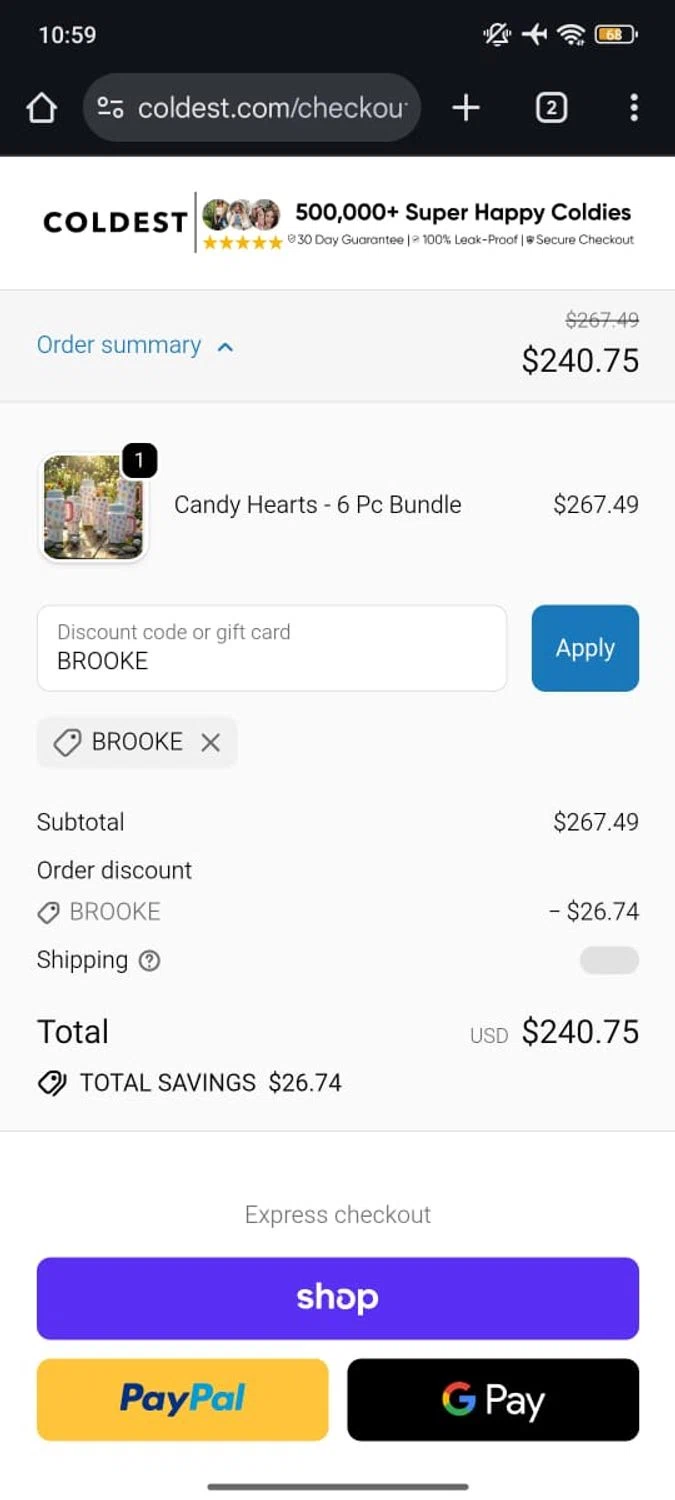 Coldest discount code screenshot showing code BROOKE applied at Coldest checkout page. Uploaded by SimplyCodes community member RoyalSpotter5217 on Jan 6, 2026