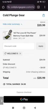 Welcome15 coupon verification screenshot