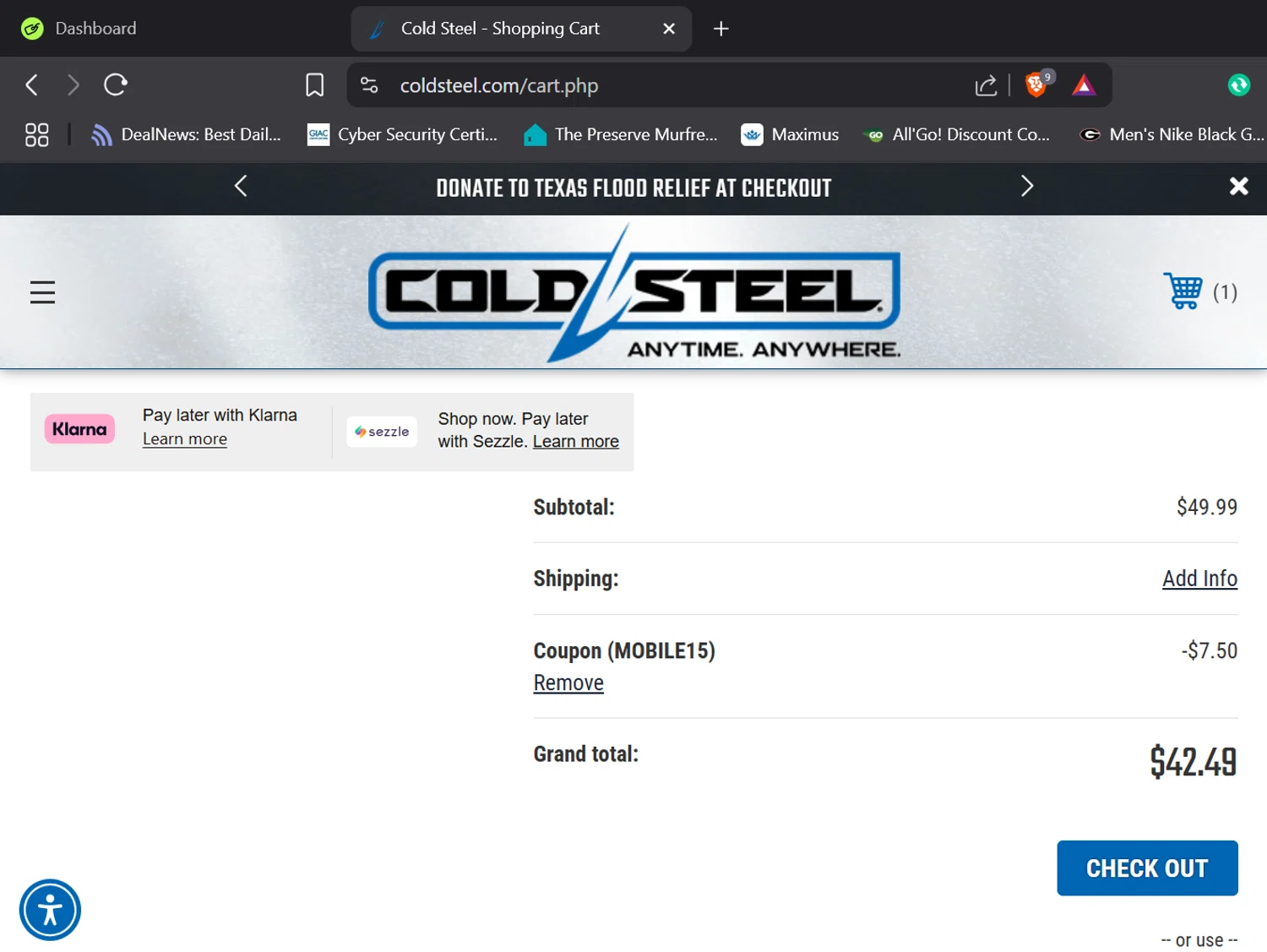 Cold Steel discount code screenshot showing code MOBILE15 applied at Cold Steel checkout page. Uploaded by SimplyCodes community member Jeffersontorrealba on Jul 19, 2025
