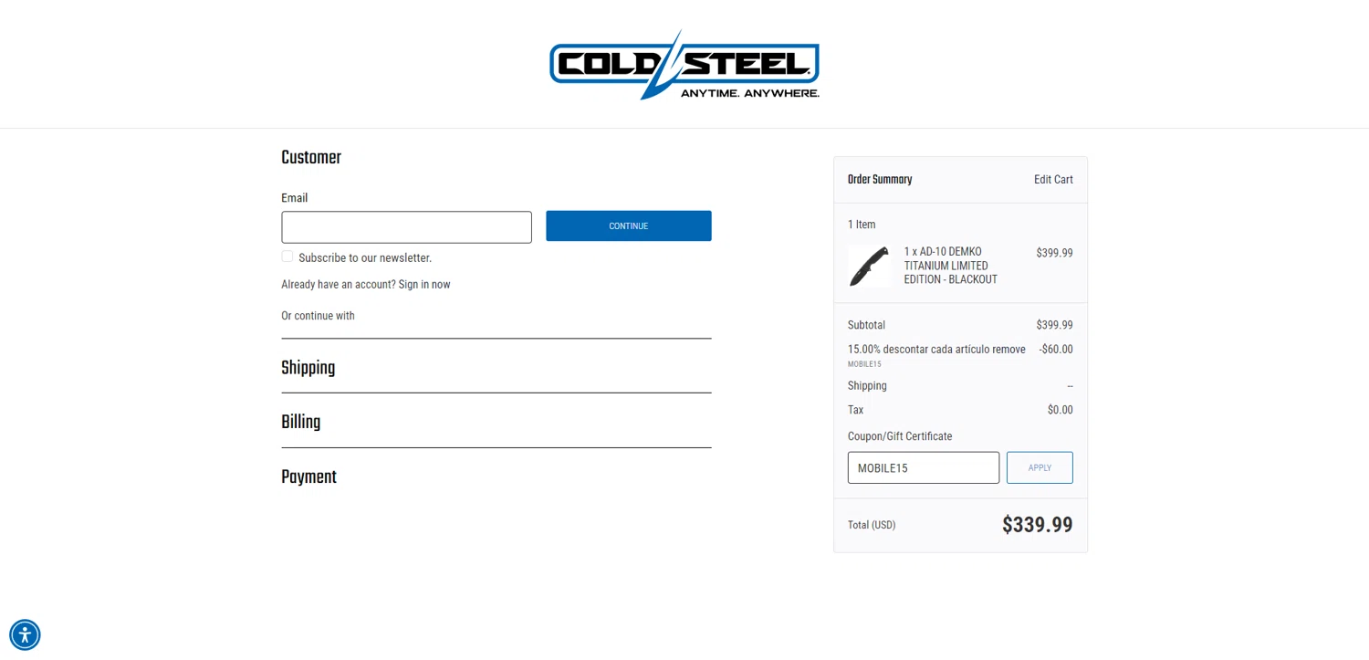 Cold Steel discount code screenshot showing code MOBILE15 applied at Cold Steel checkout page. Uploaded by SimplyCodes community member RewardTitan728 on Jul 19, 2025