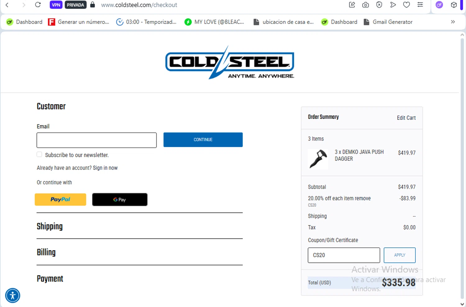 Cold Steel discount code screenshot showing code CS20 applied at Cold Steel checkout page. Uploaded by SimplyCodes community member Franco20 on Oct 14, 2025