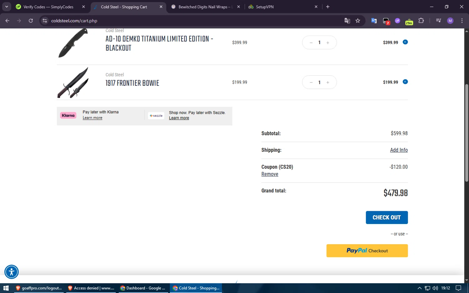 Cold Steel discount code screenshot showing code CS20 applied at Cold Steel checkout page. Uploaded by SimplyCodes community member Voucher200 on Jul 19, 2025