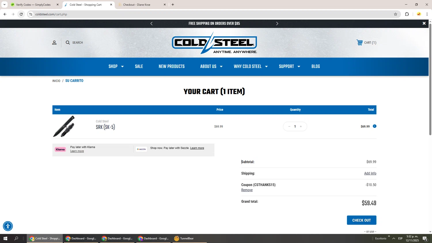 Cold Steel discount code screenshot showing code CSTHANKS15 applied at Cold Steel checkout page. Uploaded by SimplyCodes community member Richard251 on Nov 12, 2025