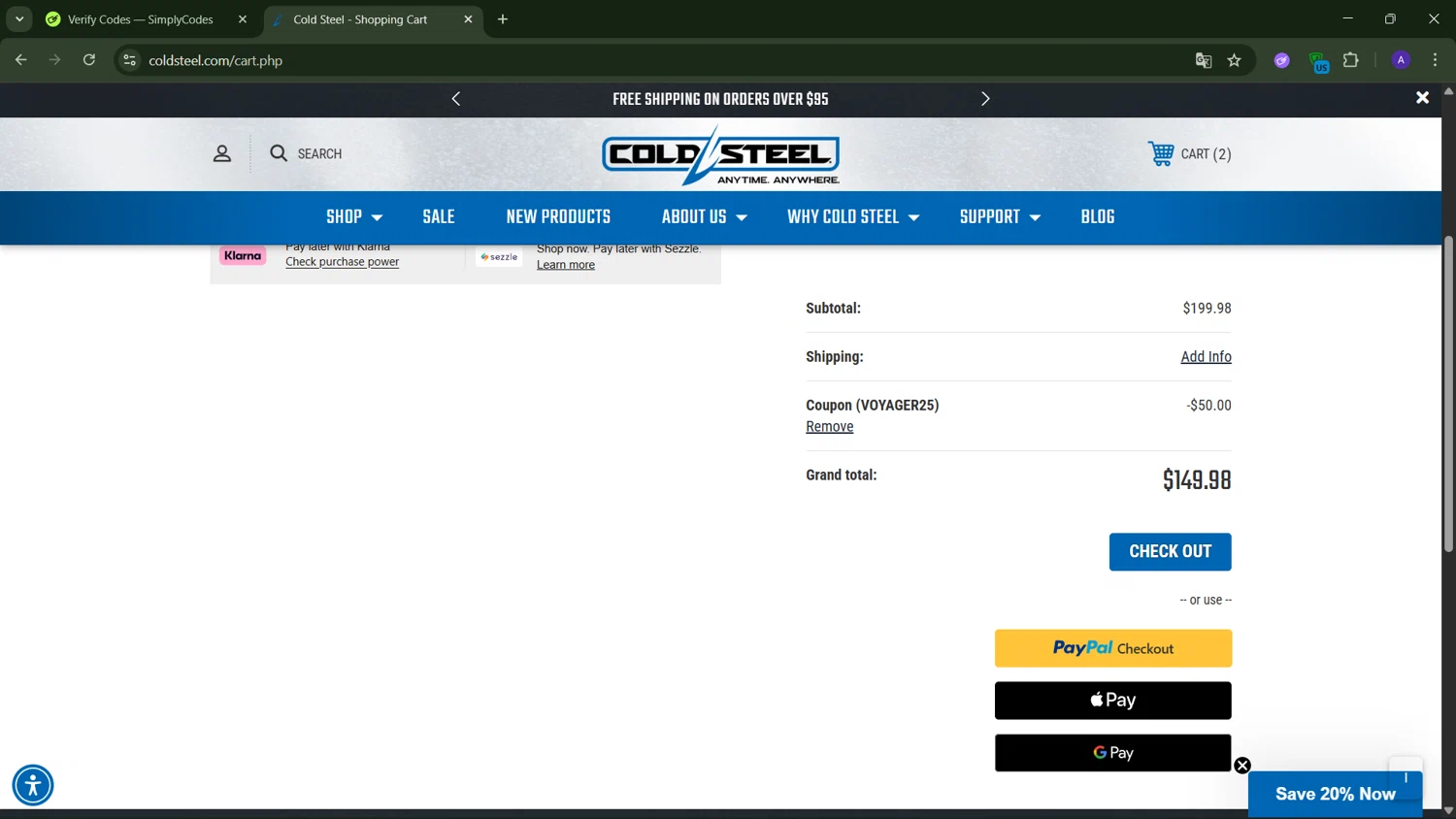 Cold Steel checkout page showing Cold Steel discount code box | Screenshot taken by SimplyCodes community member on Jan 28, 2026