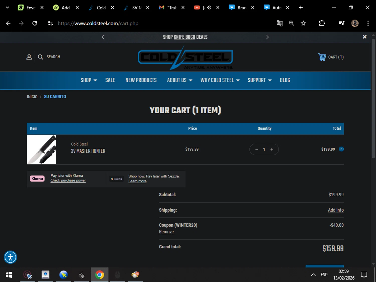 Cold Steel discount code screenshot showing code winter20 applied at Cold Steel checkout page. Uploaded by SimplyCodes community member MarcosAranguren on Feb 13, 2026