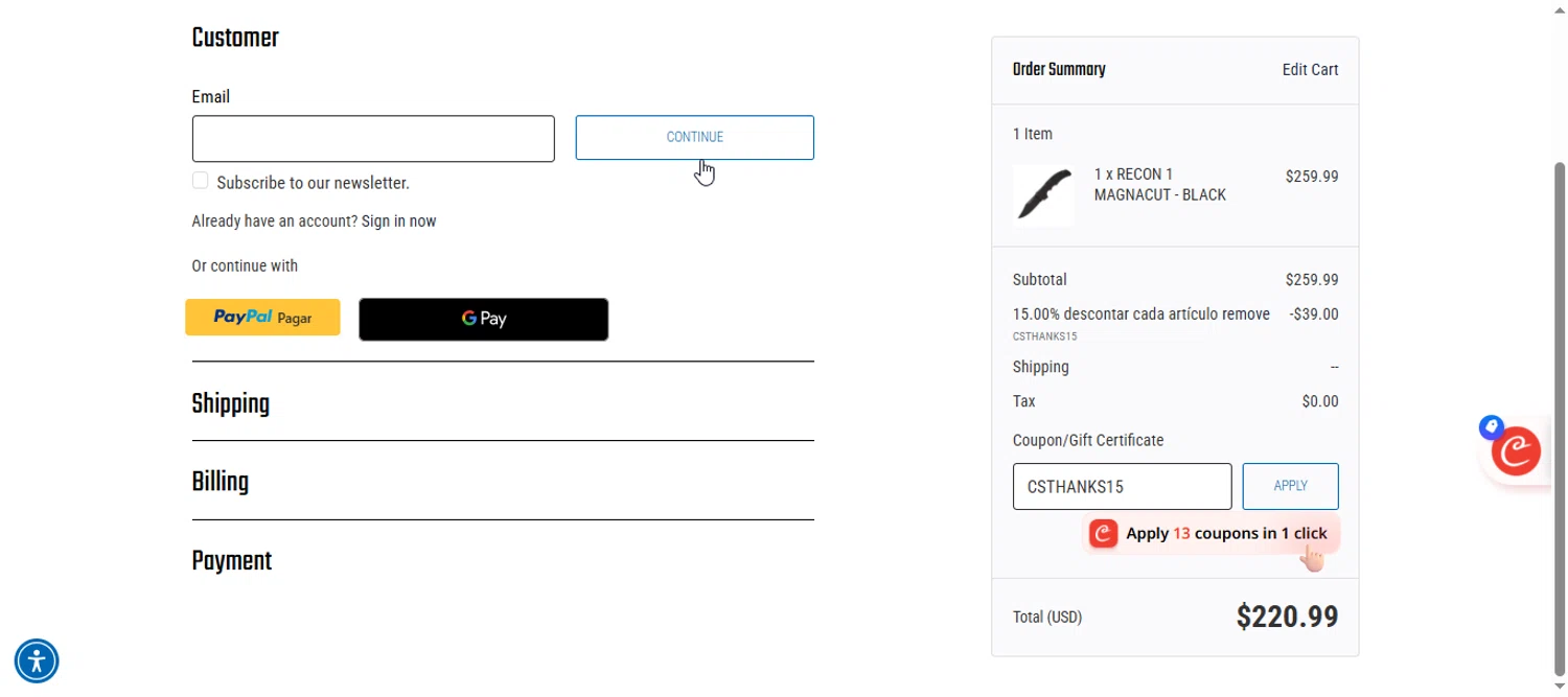 Cold Steel discount code screenshot showing code CSTHANKS15 applied at Cold Steel checkout page. Uploaded by SimplyCodes community member armalissolorzano1 on Nov 12, 2025