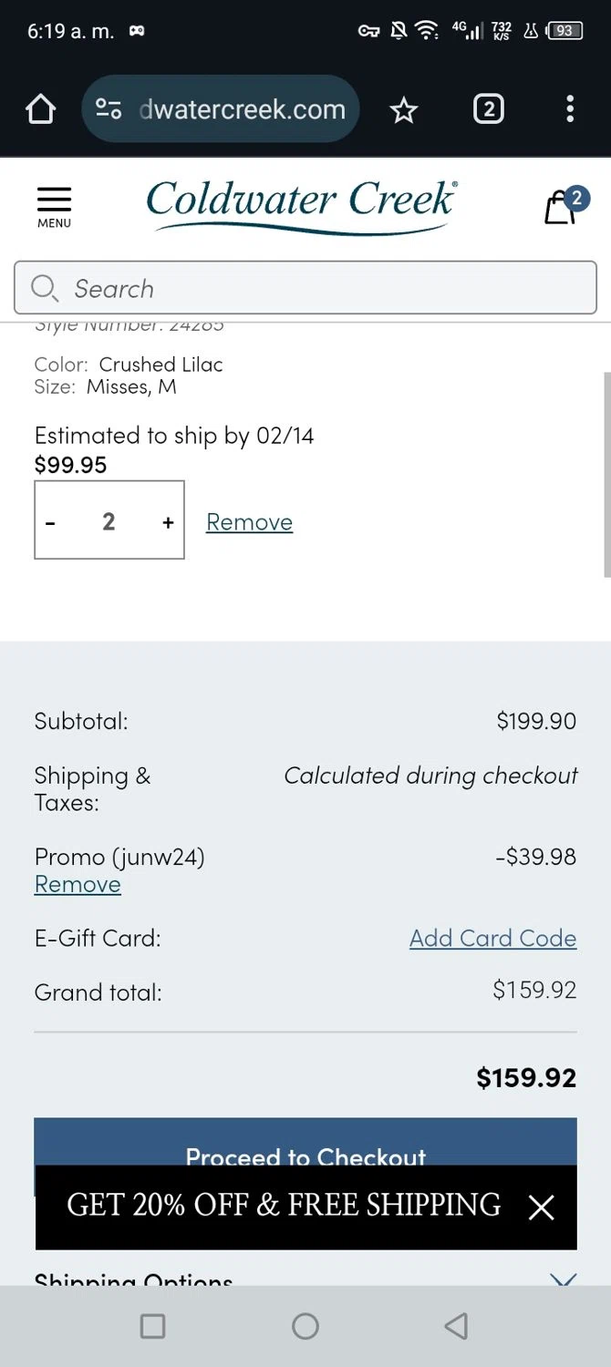 Coldwater Creek promo code screenshot showing code junw24 applied at Coldwater Creek checkout page. Uploaded by SimplyCodes community member Junniorduno on Feb 2, 2025