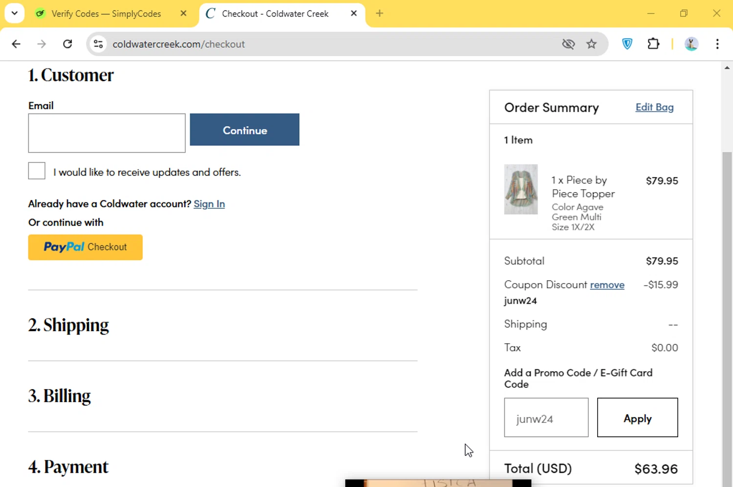 Coldwater Creek promo code screenshot showing code junw24 applied at Coldwater Creek checkout page. Uploaded by SimplyCodes community member Paolita on Jan 4, 2025