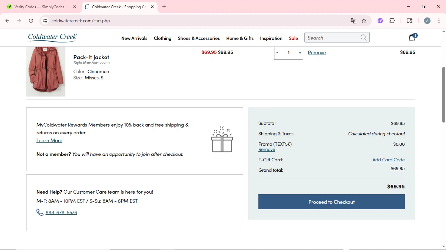 Coldwater Creek promo code screenshot showing code TEXT5K applied at Coldwater Creek checkout page. Uploaded by SimplyCodes community member CrownSpotter6947 on Jul 19, 2025