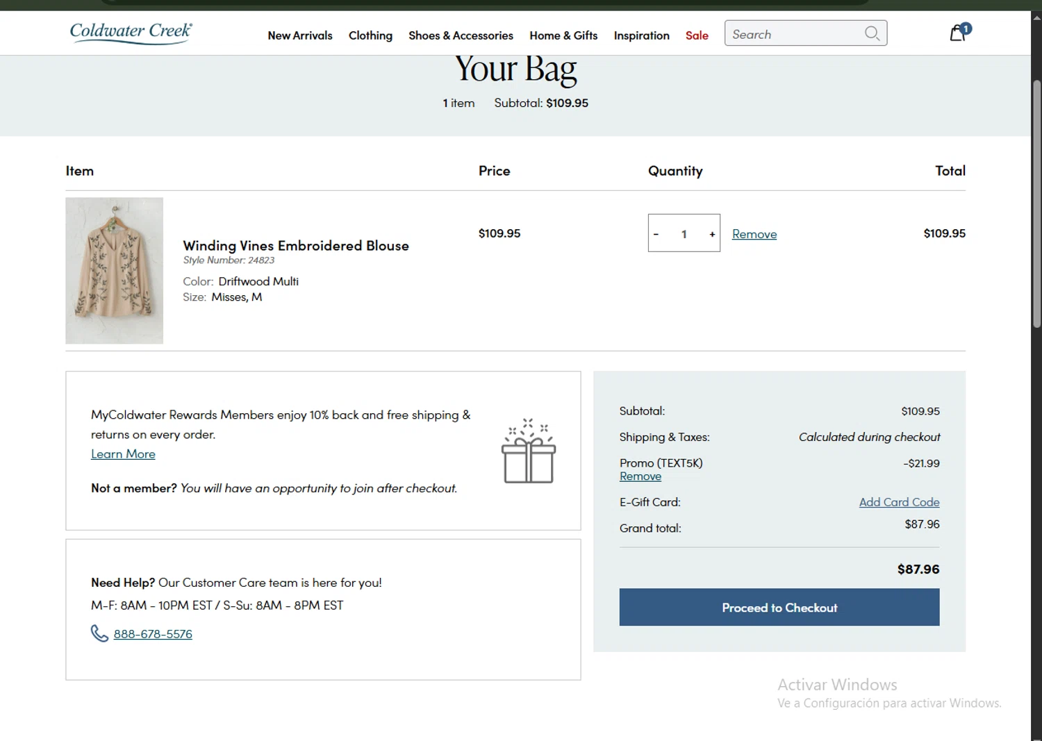 Coldwater Creek promo code screenshot showing code TEXT5K applied at Coldwater Creek checkout page. Uploaded by SimplyCodes community member RoyalVirtuoso4479 on Jul 19, 2025