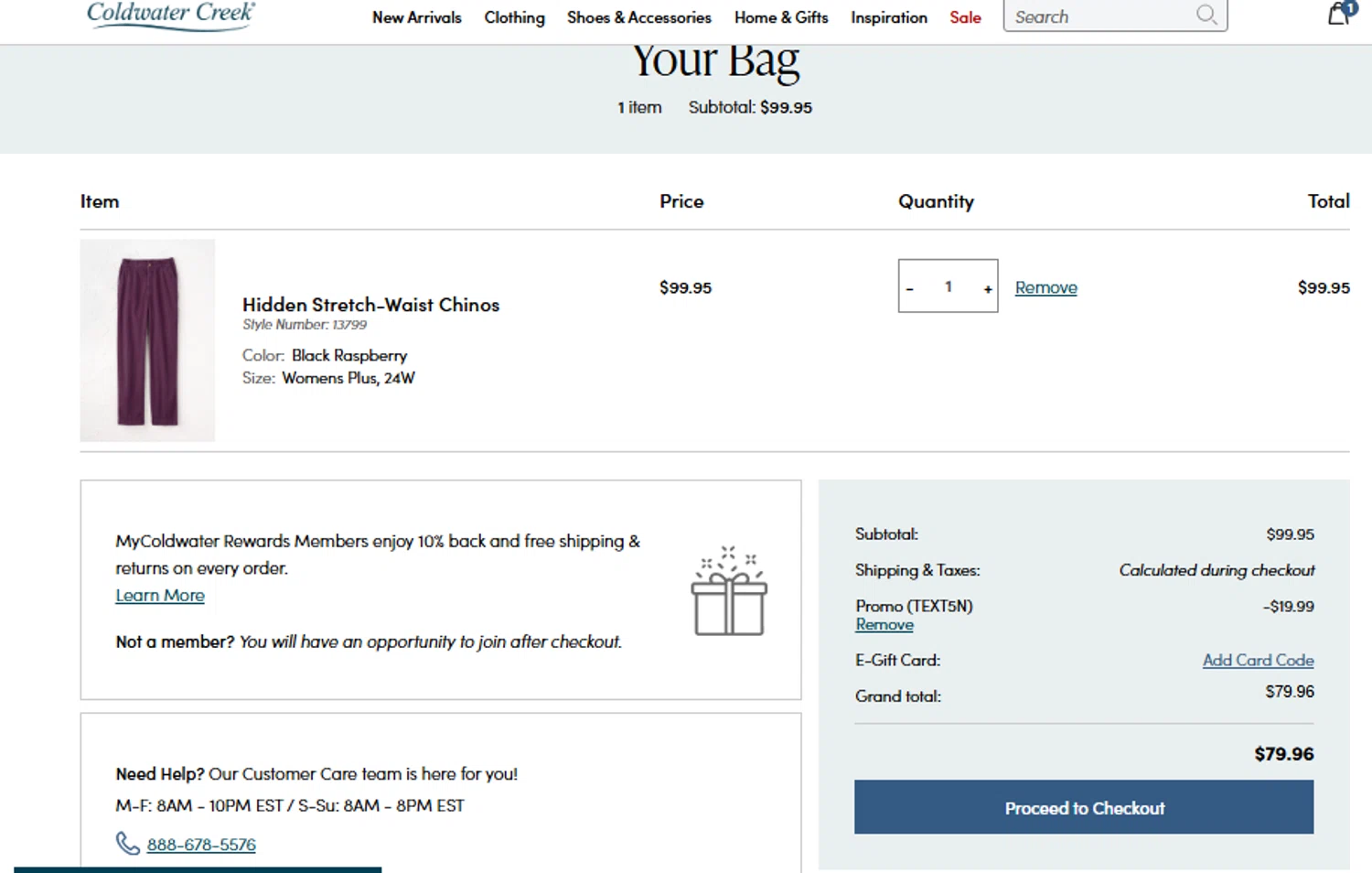 Coldwater Creek promo code screenshot showing code TEXT5N applied at Coldwater Creek checkout page. Uploaded by SimplyCodes community member CouponLion3243 on Jul 20, 2025