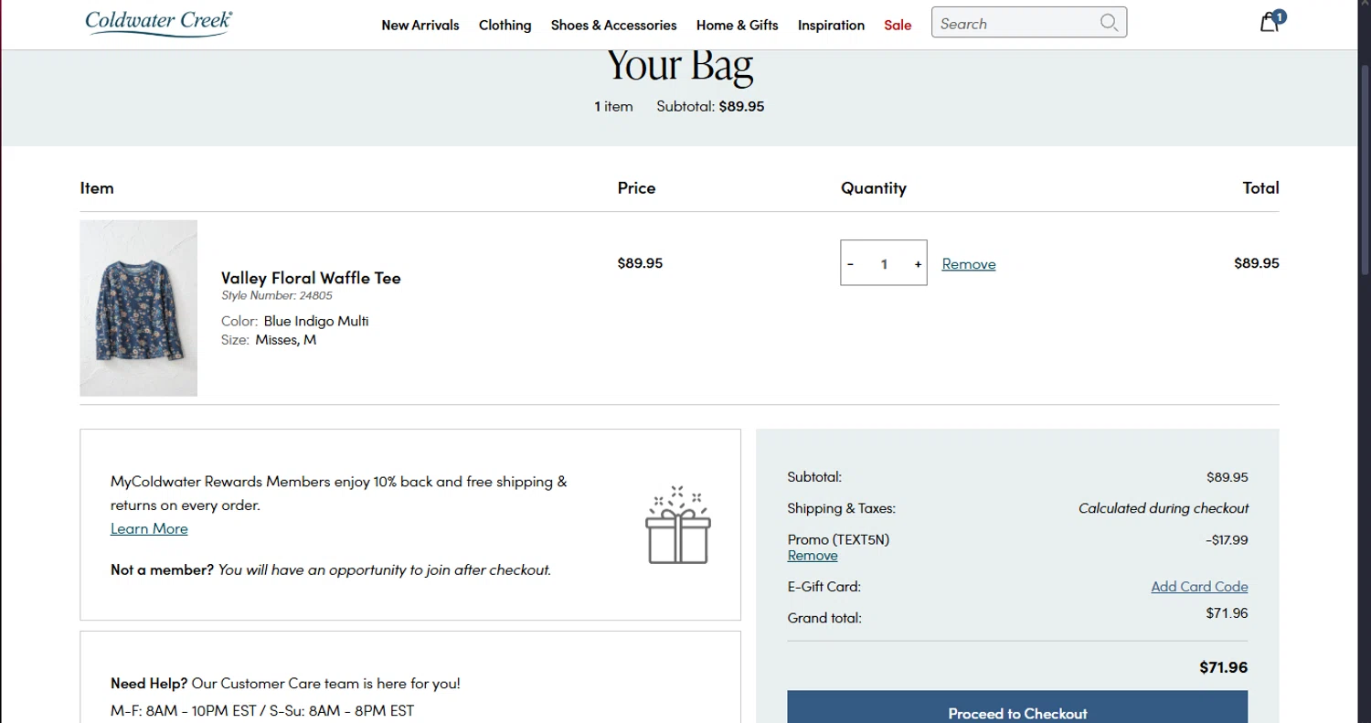 Coldwater Creek promo code screenshot showing code TEXT5N applied at Coldwater Creek checkout page. Uploaded by SimplyCodes community member MoneyScout2554 on Jul 20, 2025