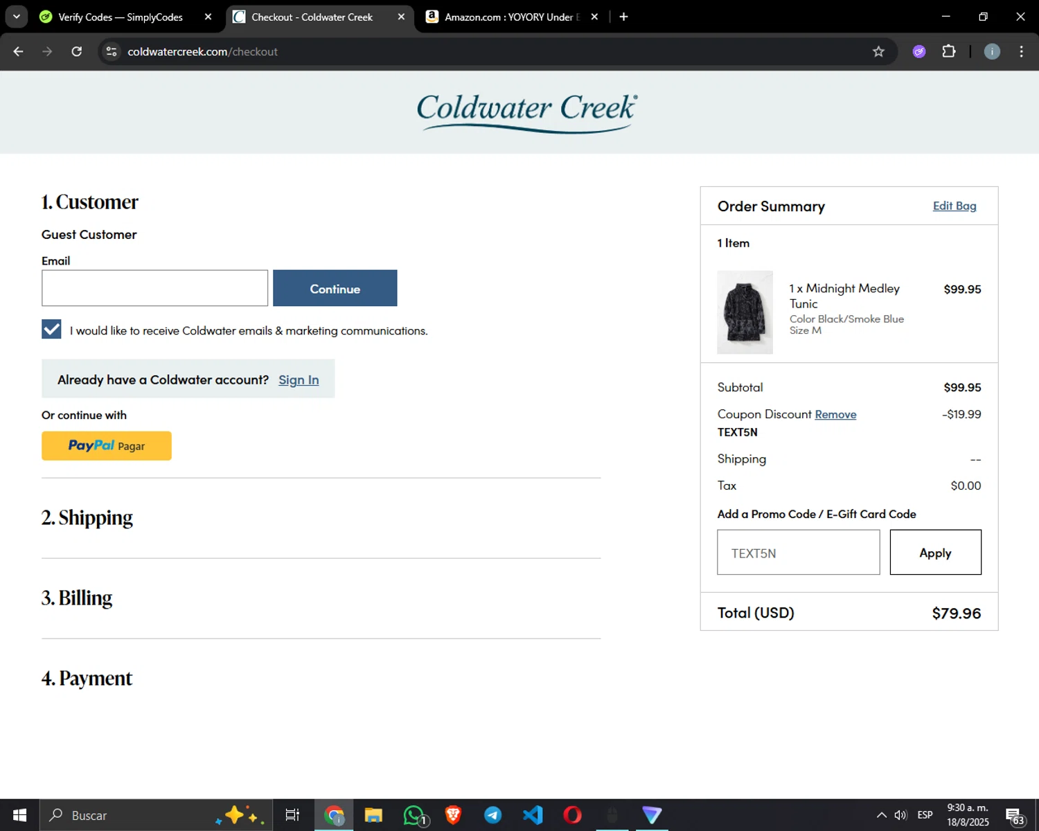 Coldwater Creek promo code screenshot showing code TEXT5N applied at Coldwater Creek checkout page. Uploaded by SimplyCodes community member vivalachicha on Aug 18, 2025